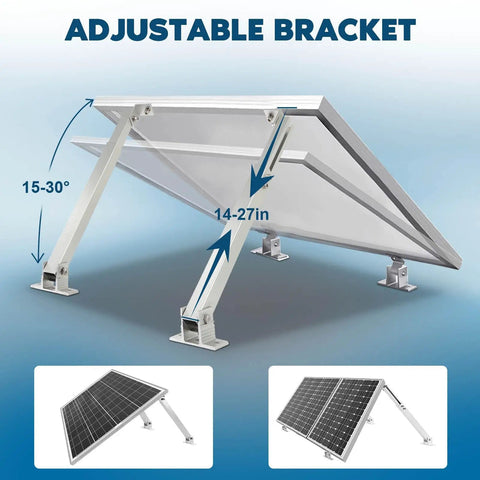 Adjustable Solar Panel Mounting Brackets Kit for 14 to 27 Inch Panels, showing aluminum alloy tilt at 15-30 degrees.