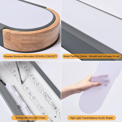 Wood and metal details of Dimmable LED Ceiling Light With Remote Control 37.4 Inch Flush Mount Low Profile Modern Wood Grey Finish 36W.