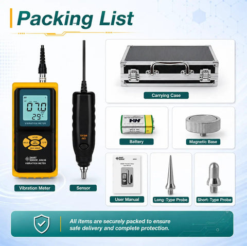 3 In 1 Digital Vibration Meter Vibrometer For Shop Floor Diagnostics, Real Time Vibration Analysis, Piezoelectric Sensor Vibe Checker, Rotating And Reciprocating Equipment Monitor, Pro Grade Tool with carrying case, battery, probes, and manual