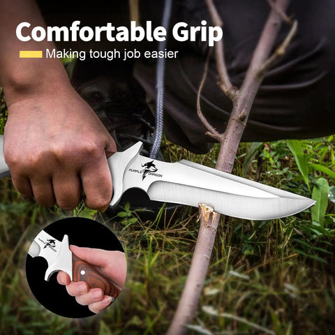 Person using Fixed Blade Camping Knife With Sheath 6 Inch Outdoor Knife Full Tang 440C Steel Bushcraft Knife With Redwood Handle Rugged And Ready For Any Adventure Ideal For Camping Hiking Hunting And Outdoor Gifts For Men And Women for carving wood.