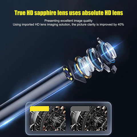 Heavy Duty Borescope Camera With Bendable Endoscope Lens For Tight Squeeze Diagnostics And Real Time Video Feed showing sapphire lens and image clarity.