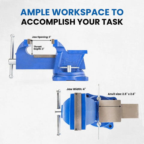 Diagram of Beefy 4 Inch Bench Vise With Swivel Base And Anvil For Metalworking showing jaw width, opening, and anvil size.