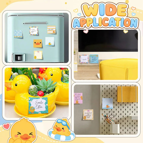 Duck Themed 9 Pack Sticky Notes 3x3 Inch Self Stick Memo Pads on fridge and desk, ideal for office and school use, cute designs