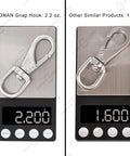 Heavy Duty Stainless Steel Flag Clips For Flagpole Rope 4 Pack 3.5 Inch Swivel Snap Hooks weigh comparison on scale.