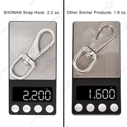 Heavy Duty Stainless Steel Flag Clips For Flagpole Rope 4 Pack 3.5 Inch Swivel Snap Hooks weigh comparison on scale.