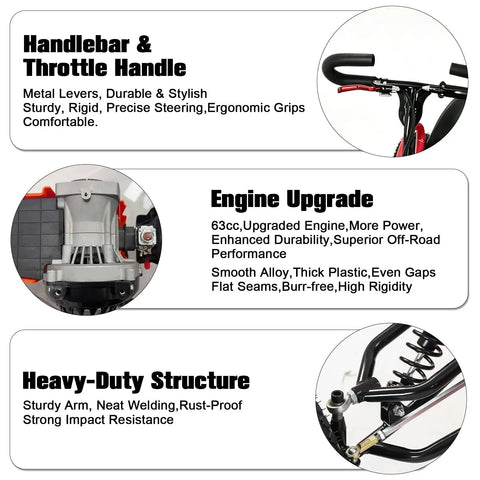 Details of handlebar, 63cc engine, and heavy-duty structure for Gas Powered Go Kart With 63cc Engine For Backyard Fun