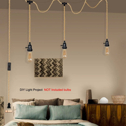 Triple Plug In Pendant Light Kit With 23 Ft Hemp Rope Cord Switch For Farmhouse Style Hanging Light DIY Fixture UL Certified Socket