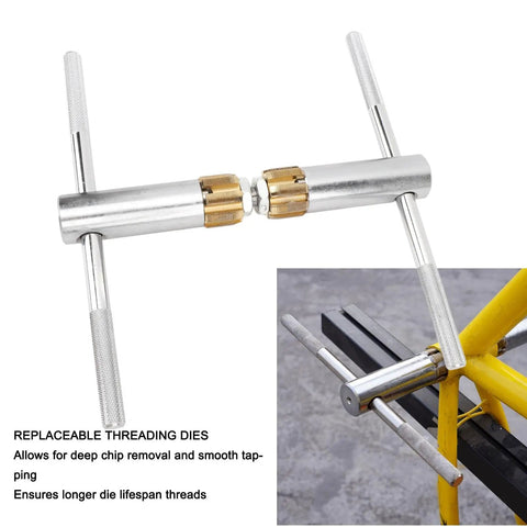 Pro-Grade Bottom Bracket Thread Tapping Tool Kit With Replaceable Taps, shown with tool installed on bicycle frame for repair