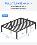 Built Tough Full Size Metal Platform Bed Frame Holding Fast To Three Thousand Pounds With Zero Whining From The Joints And Fourteen Inch Clearance For Dropping In All Your Off Season Gear, displaying dimensions 74.5x53.4x14 inches.