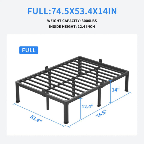 Built Tough Full Size Metal Platform Bed Frame Holding Fast To Three Thousand Pounds With Zero Whining From The Joints And Fourteen Inch Clearance For Dropping In All Your Off Season Gear, displaying dimensions 74.5x53.4x14 inches.