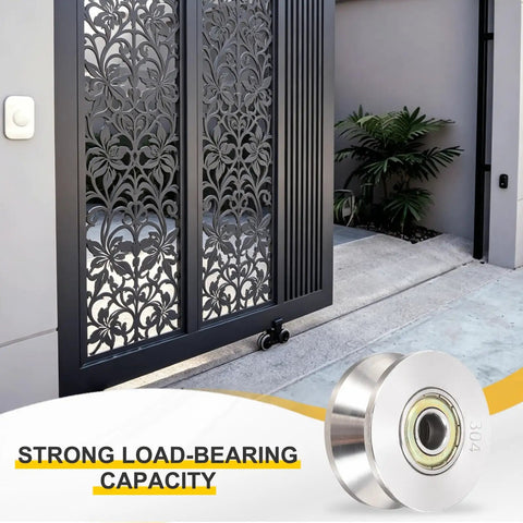 Smooth Operator V Groove Pulley Wheel 10X48X8Mm Built From Rock Solid 304 Stainless Steel mounted on sliding gate for smooth operation.