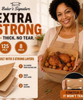 Hassle Free Air Fryer Liners Disposable Parchment Paper Silicone Coated Nonstick Bpa Free Oil Proof Heat Resistant To 450F For No Drama Cleanup And Smoother Baking 8 inch thick liners with a lady holding cooked food.