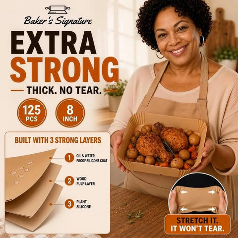 Hassle Free Air Fryer Liners Disposable Parchment Paper Silicone Coated Nonstick Bpa Free Oil Proof Heat Resistant To 450F For No Drama Cleanup And Smoother Baking 8 inch thick liners with a lady holding cooked food.