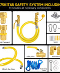 Three Quarter Inch Gas Hose 48 Inch Long Safety System Kit For Commercial Kitchens With Quick Disconnect Full Bore Valve Elbows Restraint Cable And Fittings displayed