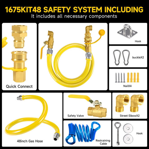 Three Quarter Inch Gas Hose 48 Inch Long Safety System Kit For Commercial Kitchens With Quick Disconnect Full Bore Valve Elbows Restraint Cable And Fittings displayed