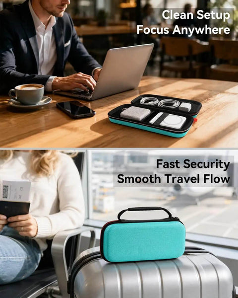 Dope Hard Eva Tech Organizer For Power Bank Stash Cable Runners And Charger Gear With Water Resistant Oxford Shell Cozy Interior Zipper Bag And Smart Travel Fit For Anyone Who Hates Tangled Wires Everywhere In Teal on a table near a laptop.