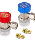 PPKBBEB 2-pack automotive A/C refrigerant adapters with red high and blue low knob valves and brass fittings
