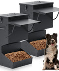 2 Pack Heavy Duty Automatic Dog Feeder With Tight Seal Lid 25 Pound Capacity, metal bowls with dog food and a happy dog nearby.