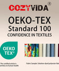 OEKO-TEX Standard 100 certification with textile fabric samples showing solution-dyed polyester in multiple colors.