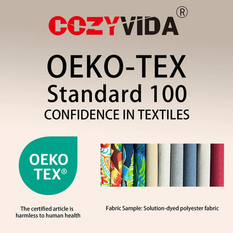 OEKO-TEX Standard 100 certification with textile fabric samples showing solution-dyed polyester in multiple colors.