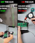 Pro Grade Motorized Automatic Feed Soldering Gun with Variable Temperature 392 to 842 Fahrenheit, shown on PCB with wire feed