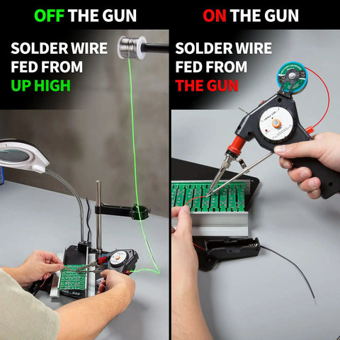 Pro Grade Motorized Automatic Feed Soldering Gun with Variable Temperature 392 to 842 Fahrenheit, shown on PCB with wire feed