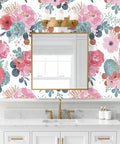 White Watercolor Peony Peel And Stick Wallpaper For Nursery And Bedroom Removable Vinyl Contact Paper Pink And Green Floral For Cozy Vibe Accent Wall 17.3in By 32.8ft on bathroom wall with pink and green floral design around a mirror and sink.