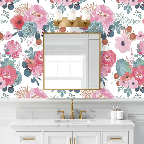 White Watercolor Peony Peel And Stick Wallpaper For Nursery And Bedroom Removable Vinyl Contact Paper Pink And Green Floral For Cozy Vibe Accent Wall 17.3in By 32.8ft on bathroom wall with pink and green floral design around a mirror and sink.