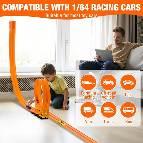 Child playing with Flexible Roll Up Race Track for Kids Outdoor Toys Portable DIY Race Car Track Lets 1 64th Diecast Cars Race Anywhere