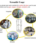 Heavy Duty Stainless Steel Gas Cylinder Storage Rack with secure fixed holder and protective chain shown in versatile usage settings
