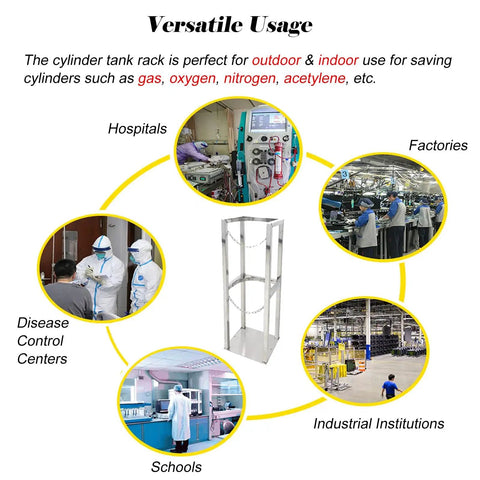 Heavy Duty Stainless Steel Gas Cylinder Storage Rack with secure fixed holder and protective chain shown in versatile usage settings
