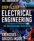 Book: Step-by-Step Electrical Engineering, 2025 edition with circuit background and exercises & quizzes.