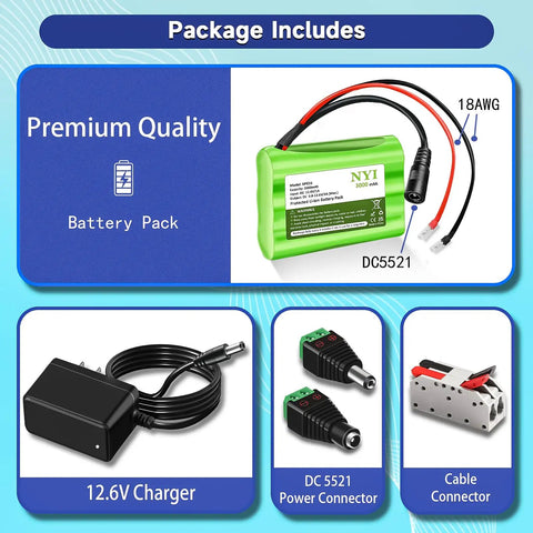Package showing 12V 3000mAh Li Ion Battery Pack With Charger And DC5521 Connector Compact 3Ah Power Source for various devices