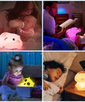 Kids Night Light With Remote, 7 Color Kawaii Cat Nursery Lamp emitting a soft glow for babies and toddlers in a cozy room setting.