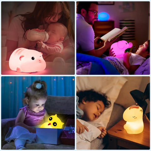 Kids Night Light With Remote, 7 Color Kawaii Cat Nursery Lamp emitting a soft glow for babies and toddlers in a cozy room setting.