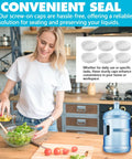 Woman with salad next to Six Pack 53mm Water Jug Caps With Foam Liners That Fit 3 And 5 Gallon Jugs 53 400 Thread Screw Top Lids For American Maid Plastic Bottles Reusable Leak Proof Seal White on kitchen counter.