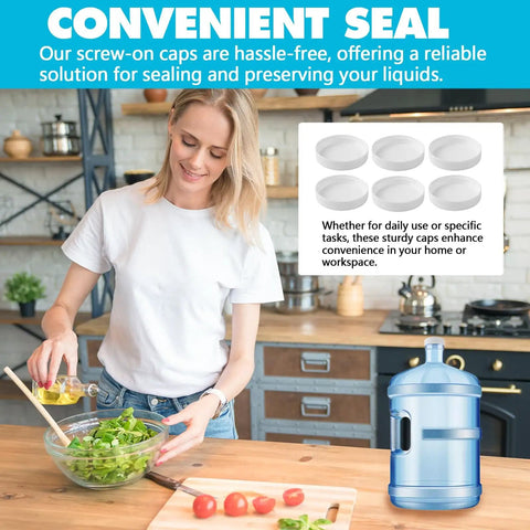 Woman with salad next to Six Pack 53mm Water Jug Caps With Foam Liners That Fit 3 And 5 Gallon Jugs 53 400 Thread Screw Top Lids For American Maid Plastic Bottles Reusable Leak Proof Seal White on kitchen counter.