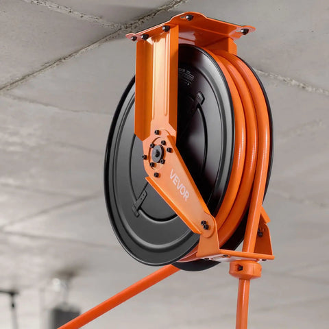 Pro Level Retractable Air Hose Reel Including 3/4 Inch By 50 Foot Pvc Hose With Snappy Auto Rewind and wall mount with orange hose.