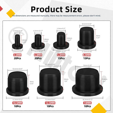 Rock Solid 100Pcs Silicone Hole Plugs Assortment Kit With 7 Sizes For Powder Coating And Plating Jobs High Temp Waterproof Stopper T-Shaped Seals In Black To Keep Your Holes Gapping Safe. size chart of black silicone plugs, 3.5mm to 14mm