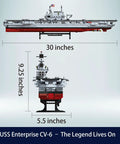 USS Enterprise Aircraft Battleship Building Set With 1883 Pieces 30 Inch Long Model Dope Molded Planes And Display Stand Interactive Propeller Mechanism Perfect Gift For Teens And Adults side and front view dimensions.