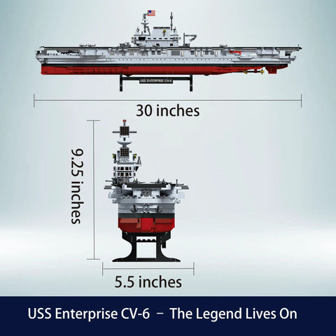 USS Enterprise Aircraft Battleship Building Set With 1883 Pieces 30 Inch Long Model Dope Molded Planes And Display Stand Interactive Propeller Mechanism Perfect Gift For Teens And Adults side and front view dimensions.