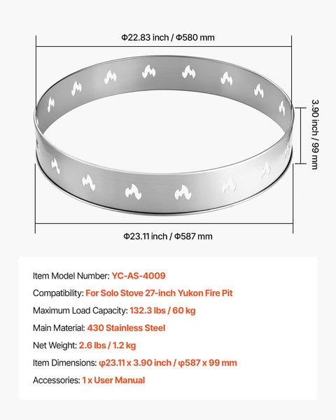 Illustration of a stainless ring frame for 27 Inch Smokeless Fire Pit Stand For Solo Stove Bonfire Pro Grade.