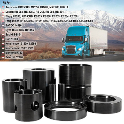 Leaf Spring Pin And Bushing Adapter Service Kit Remover And Installer Tool Set For Heavy Duty Trucks And Equipment Pro Grade Maintenance Kit For Fleet Mechanics And Auto Shops with black steel parts in front of a highway truck
