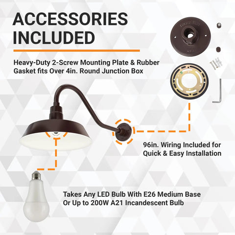 Outdoor Gooseneck Barn Light Fixture With Satin Black Finish, 14 Inch Shade And 22 Inch Extension Arm, Wall Sconce details