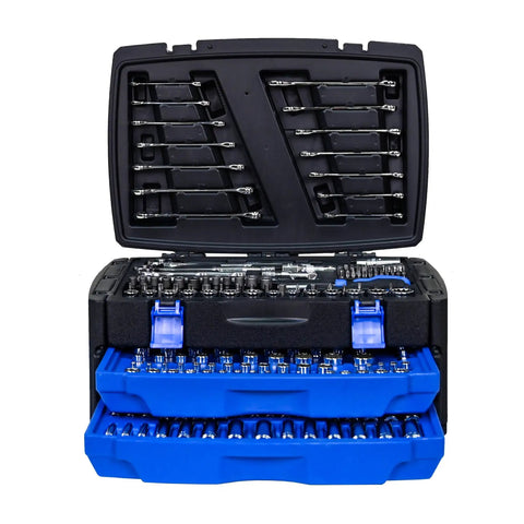 Durable Hand Tool Box With 266 Piece Universal Tool Set For Home And Garage, open with visible tools in sturdy blue case