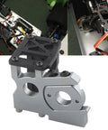 1/8-scale RC car brushless motor mount base; silver aluminum body with black mounting plate and screw holes.