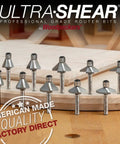 Pro Grade Badass Chamfer Router Bit Five Piece Set With One Quarter Inch Shank And Three Flute Twin Pilot Bearing Carbide Tips For Sleek Edge Forming And Sweet Bevel Cutting Angles Made In Usa on a wooden surface.