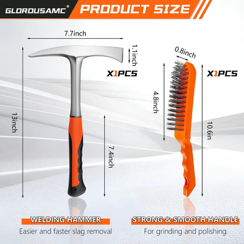 28oz Pro Grade Welding And Chipping Hammer With Slag Removal And Wire Brush Set showing dimensions and handle design
