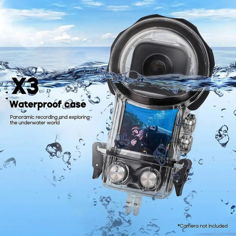 Underwater Housing For Insta360 X3 Waterproof Case Up To 50M 164FT With Dome Lens in water, showcasing rugged design and features.