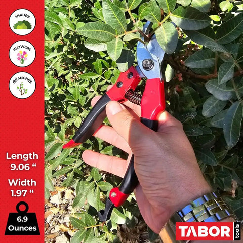 S821A Bypass Pruning Shears for small to medium hands in use, red easy grip handle, professional sharp secateurs cutting branches